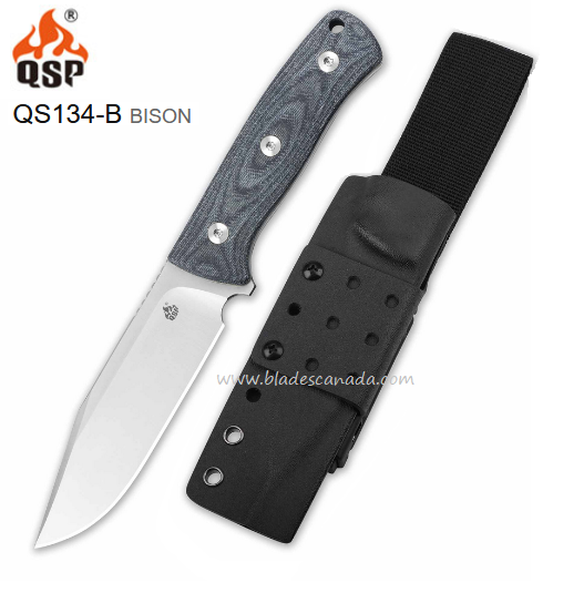 QSP Bison V2 Fixed Blade Knife, D2 Steel, Micarta Blue Jean, Kydex Sheath, QS134-B